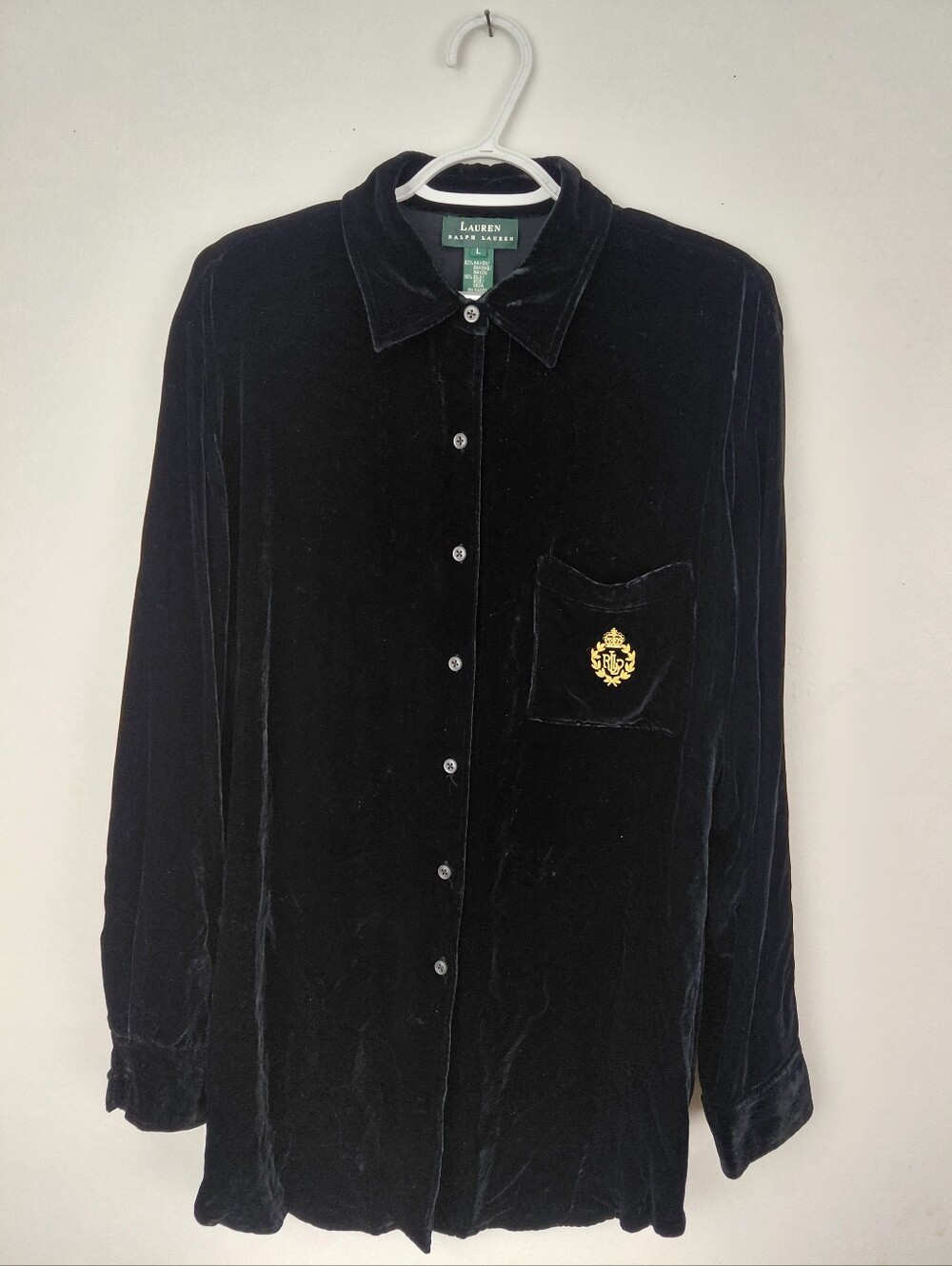 Lauren Ralph Lauren Womens Velvet Button Up Long Sleeve Blouse Emblem Size Large - Picture 1 of 8